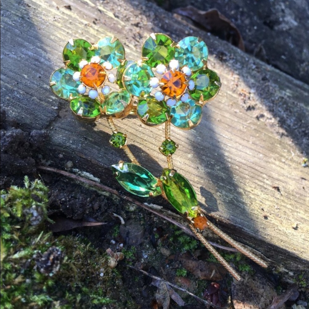 Flower Spray Brooch Pin Topaz, Green, Milky White